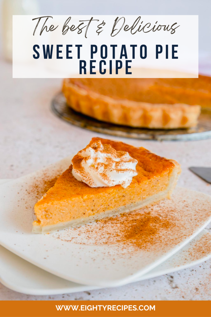 Delicious Sweet Potato Pie Recipe with flaky crust and creamy filling, topped with whipped cream and cinnamon.