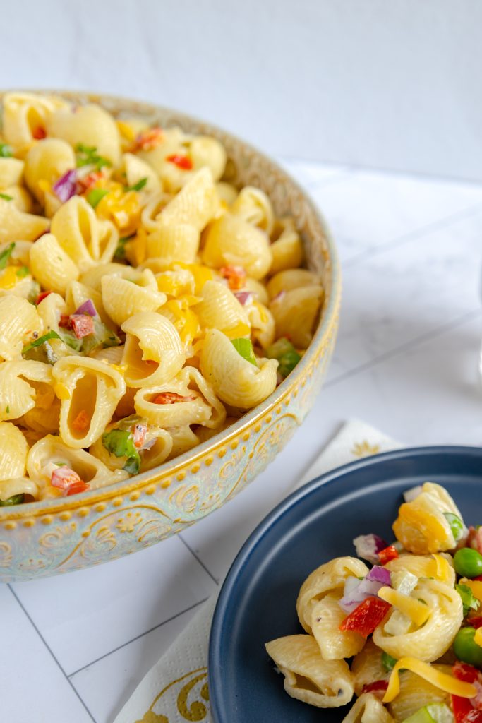 Serving of the best macaroni salad recipe, perfectly chilled and ready to eat