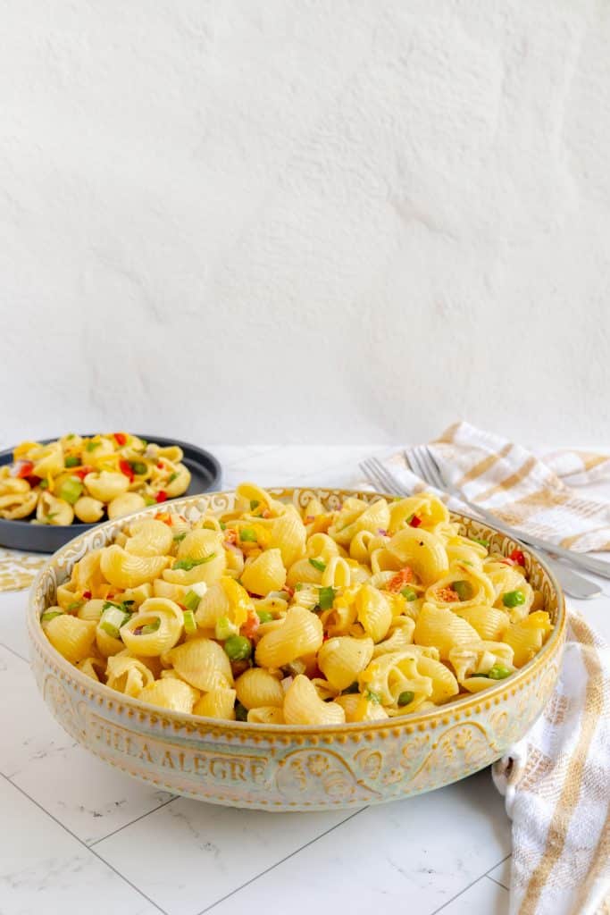 Serving of the best macaroni salad recipe, perfectly chilled and ready to eat