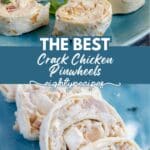 Appetizer pinwheels filled with creamy chicken and bacon, styled for Pinterest with text overlay describing the recipe as an easy party snack.