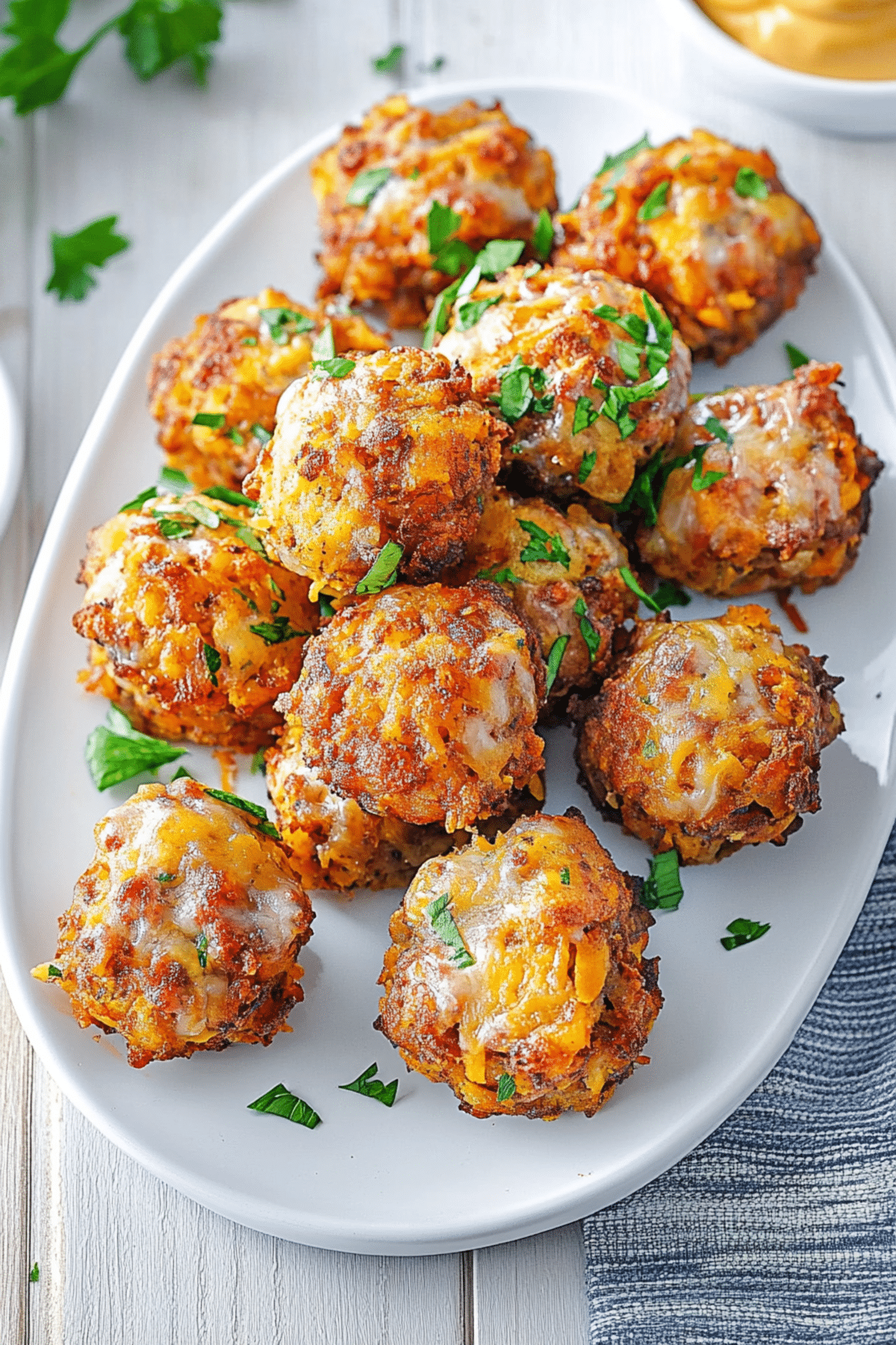 Crispy, cheesy potato and sausage bites on a white platter