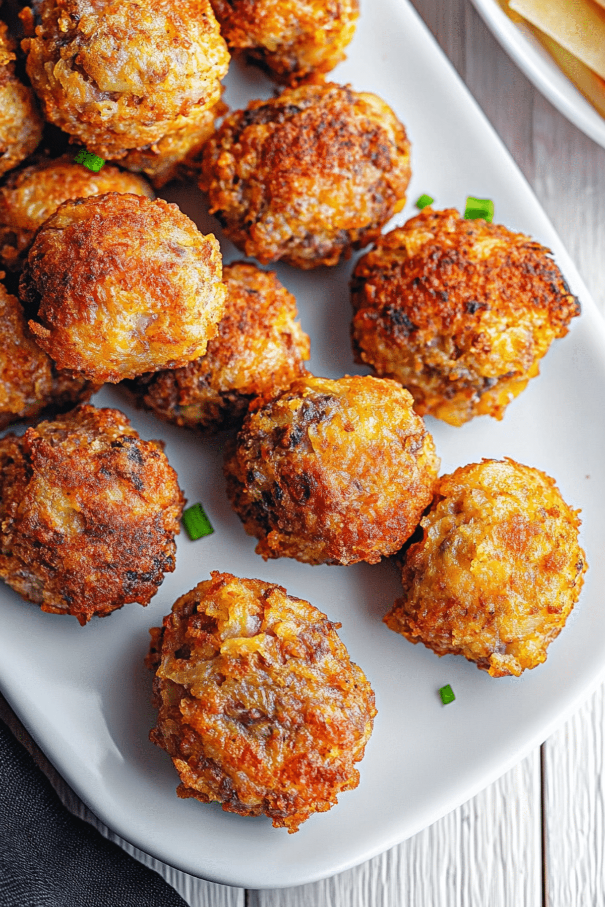 A close-up of golden-brown bites resting on a white plate, showcasing their crispy edges and hearty filling.