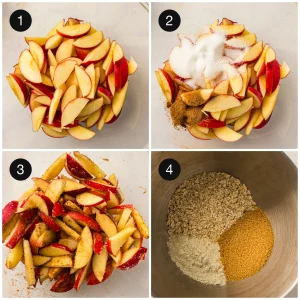 Peeled and sliced apples tossed with sugar and cinnamon in a glass bowl