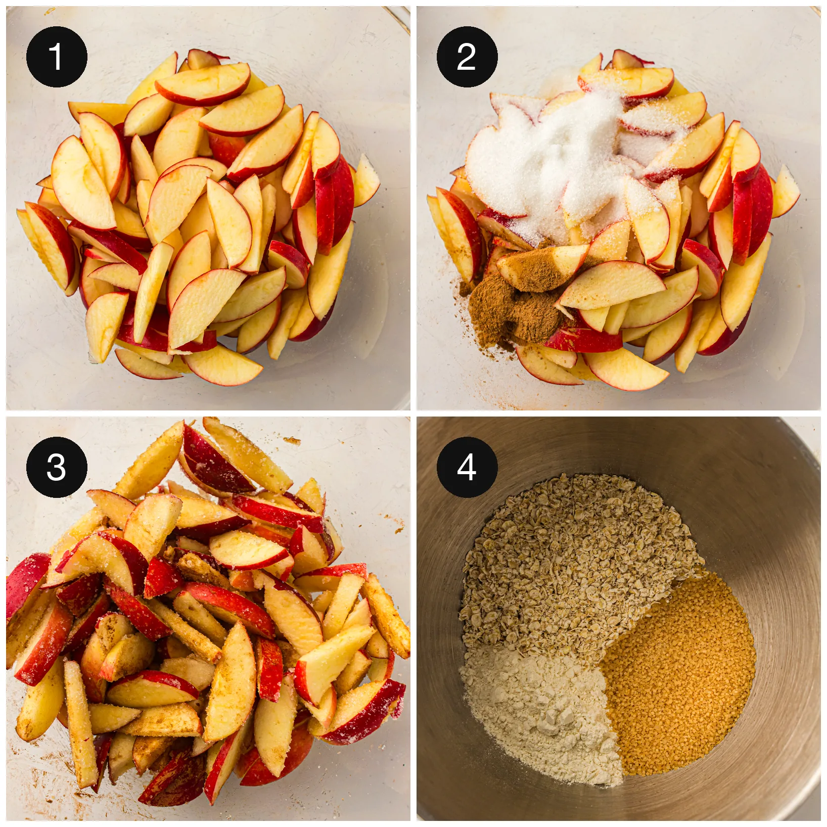 Peeled and sliced apples tossed with sugar and cinnamon in a glass bowl