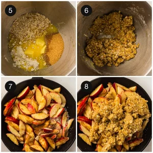 Oat and brown sugar crumble topping spread over the apples in a baking dish