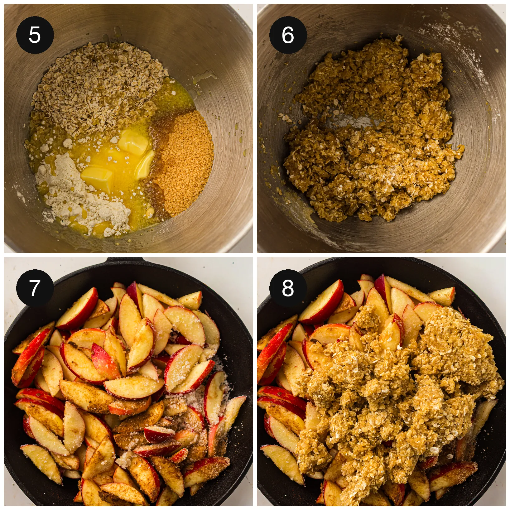 Oat and brown sugar crumble topping spread over the apples in a baking dish