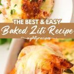 Easy baked ziti recipe with ricotta and melted mozzarella, a cheesy vegetarian pasta dinner