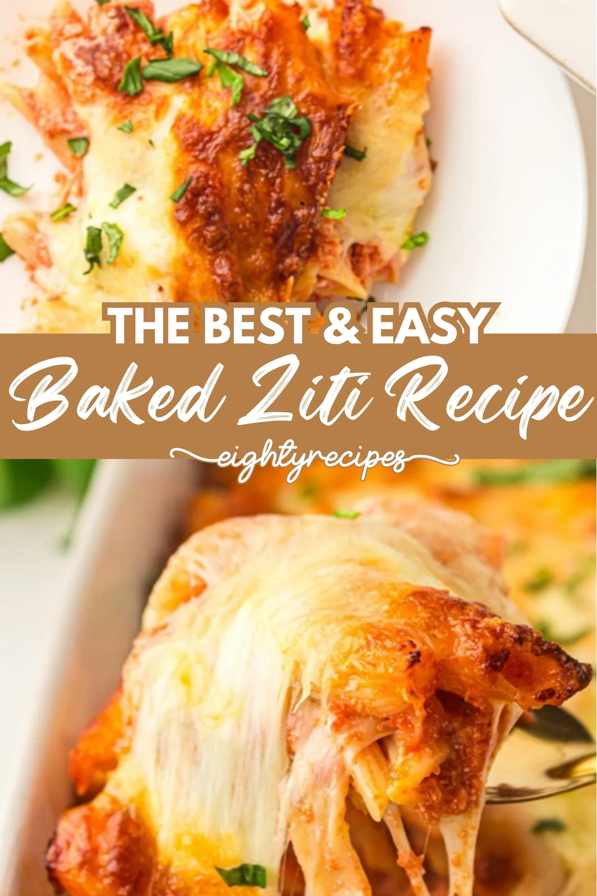 Easy baked ziti recipe with ricotta and melted mozzarella, a cheesy vegetarian pasta dinner