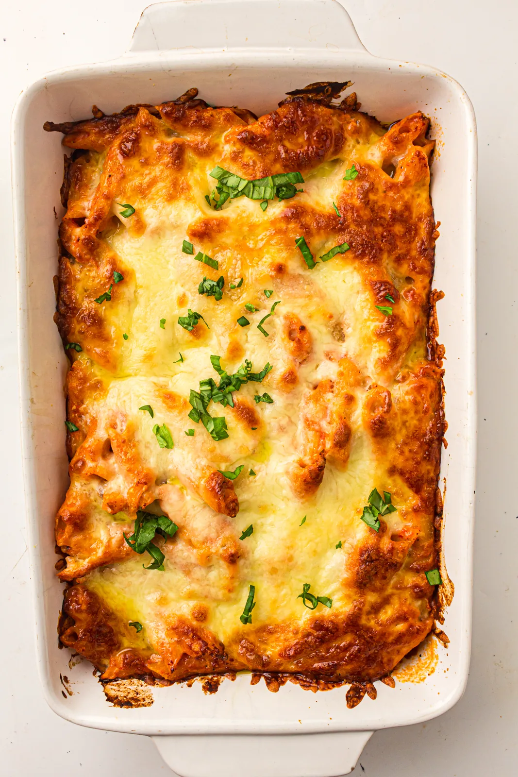 Bubbling pasta bake with melted golden cheese and fresh basil in a white dish