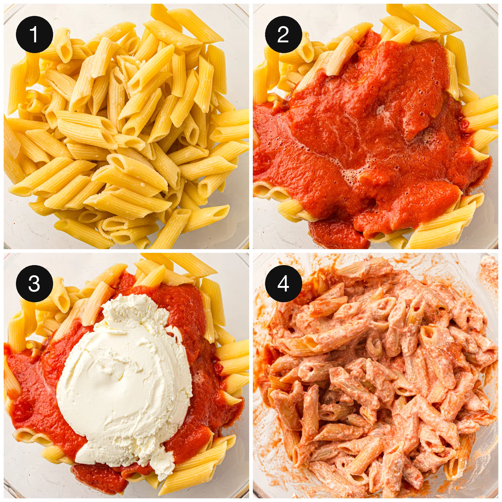 Cooked ziti tossed with marinara sauce and ricotta in a large bowl