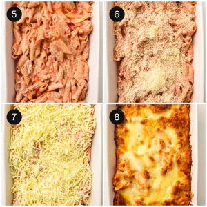 Pasta and sauce topped with shredded mozzarella and parmesan before baking