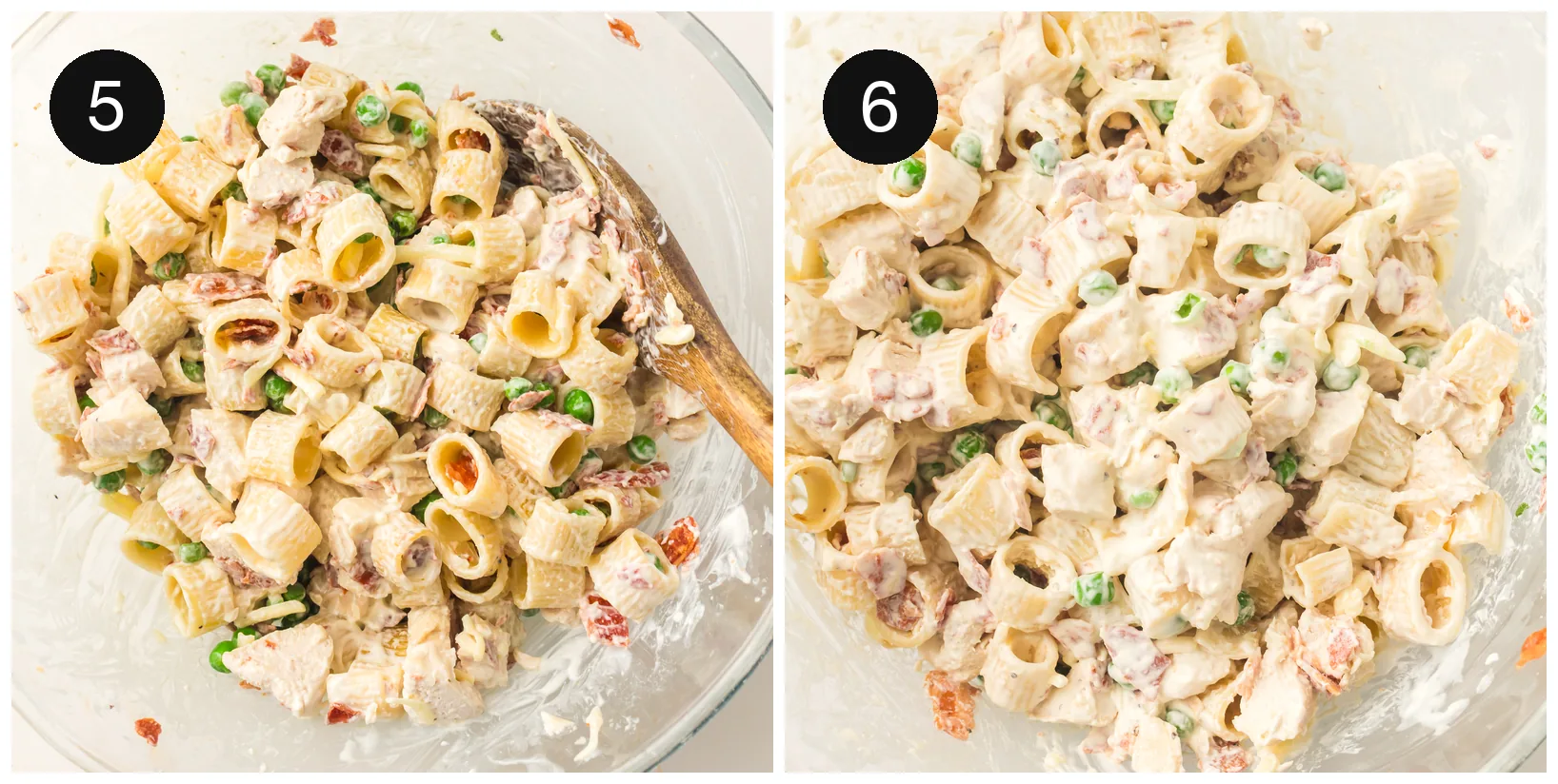 Tossing the creamy mixture with peas and bacon in a large bowl