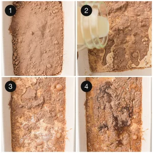 Chocolate cake mix, pudding, milk, and oil stirred together in a baking dish
