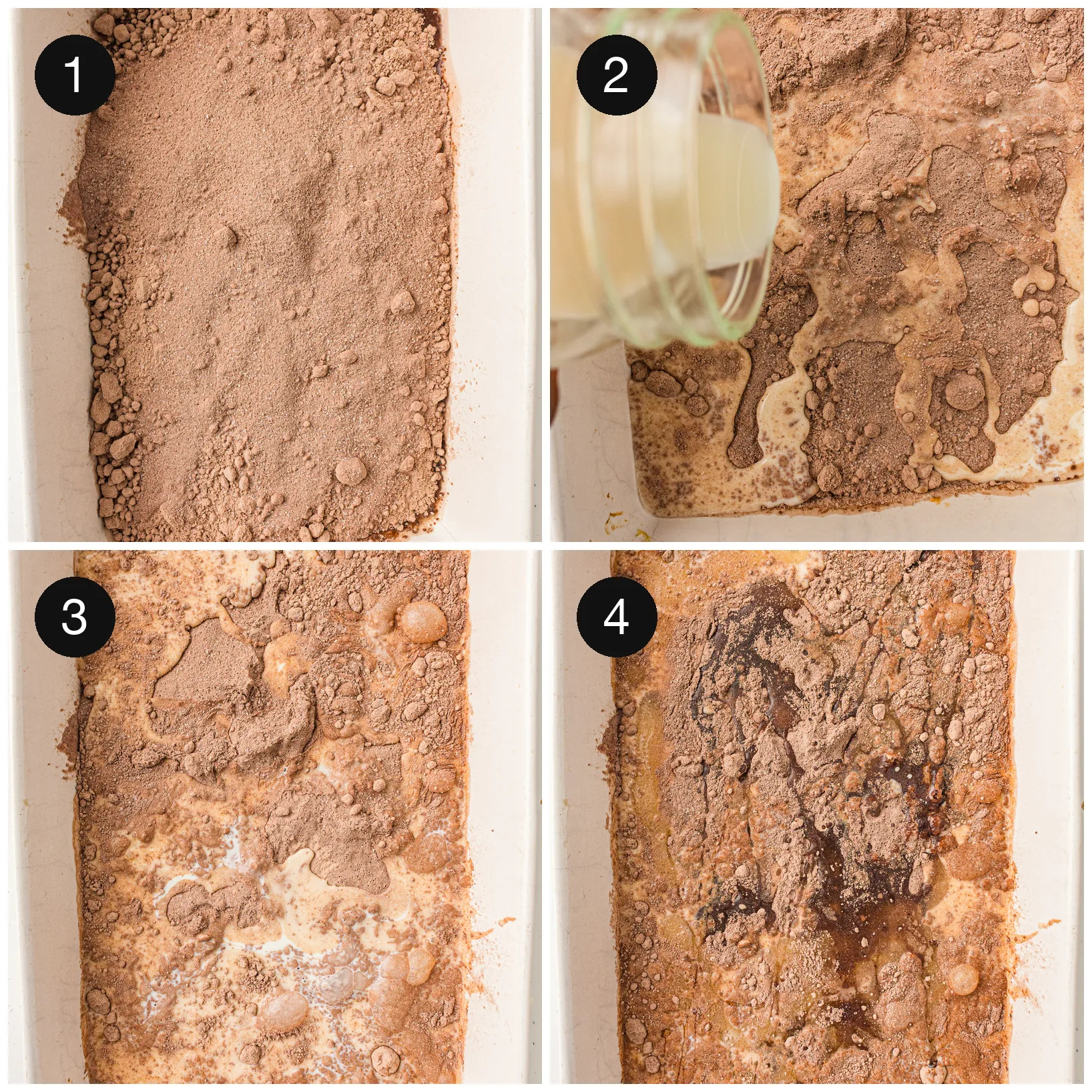 Dry mix, pudding, milk, and oil stirred together in a baking dish