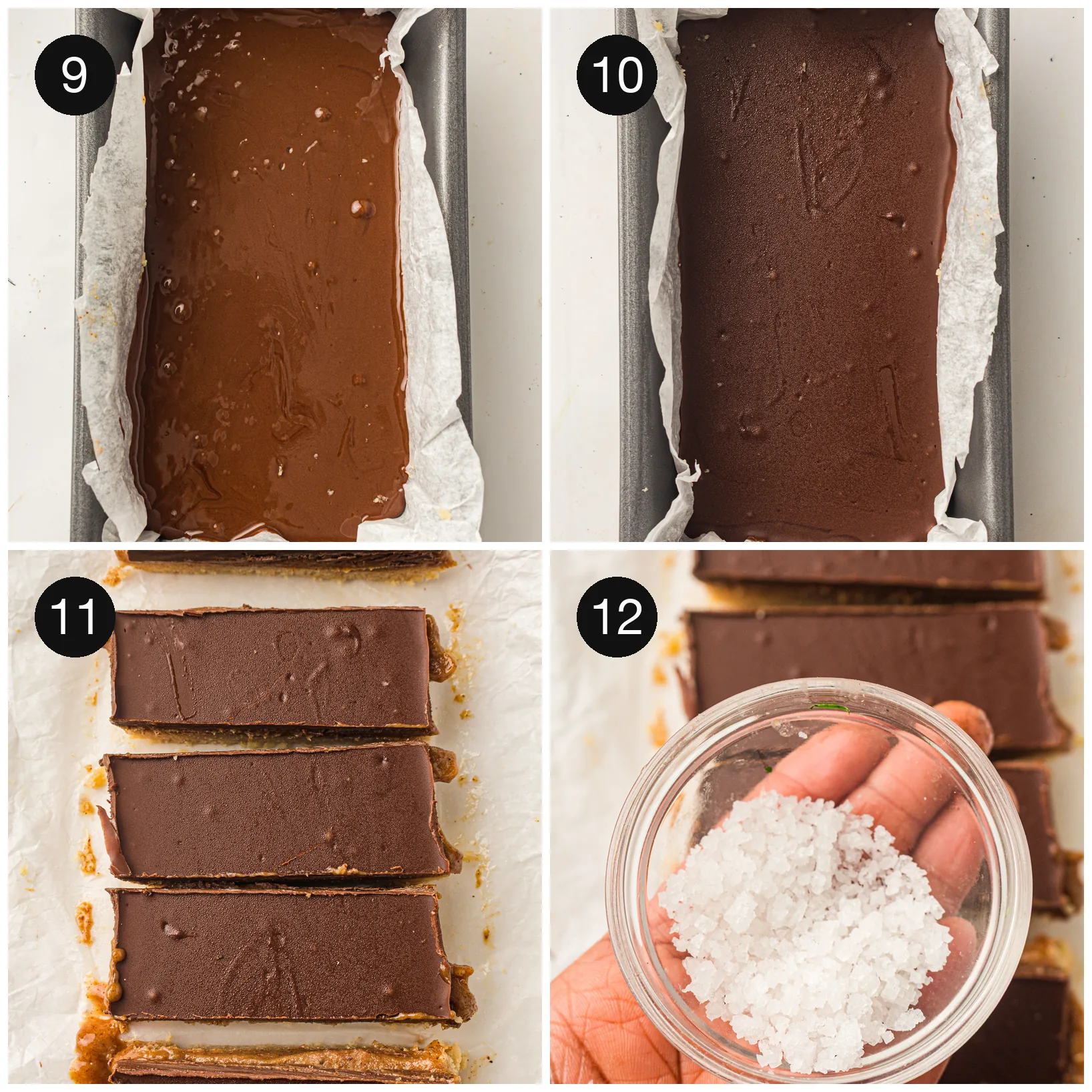 Pouring the melted dark topping over the set middle layer