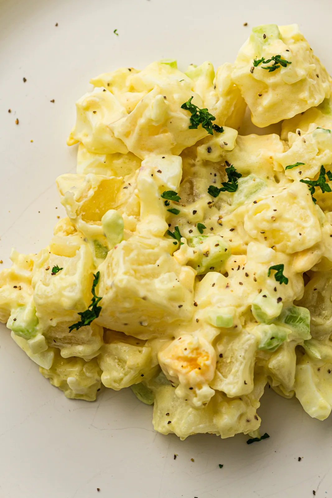 A plate of creamy classic potato salad with celery and egg