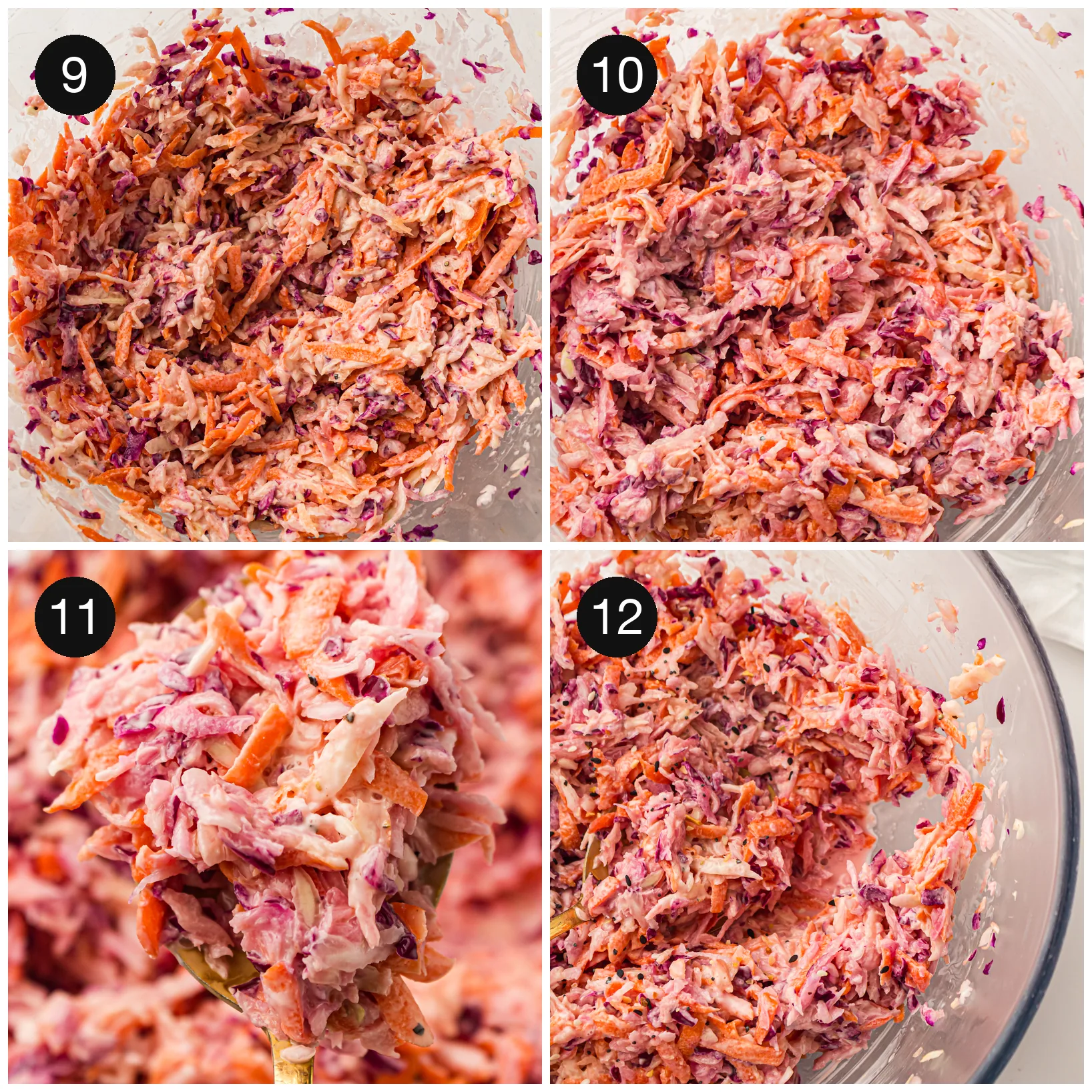 Pouring dressing over shredded cabbage and carrots in a bowl