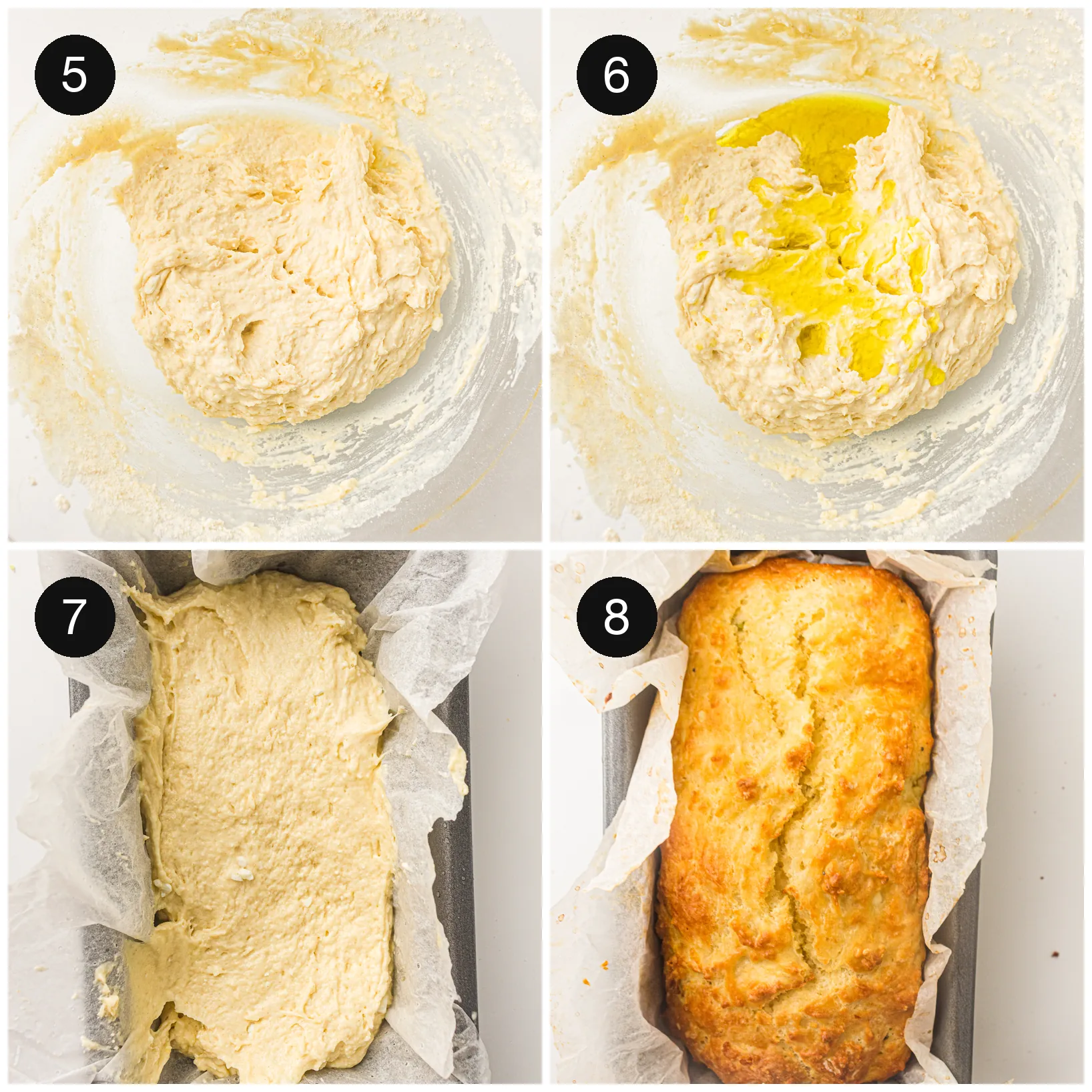 A golden topped loaf fresh from the oven in a parchment lined pan
