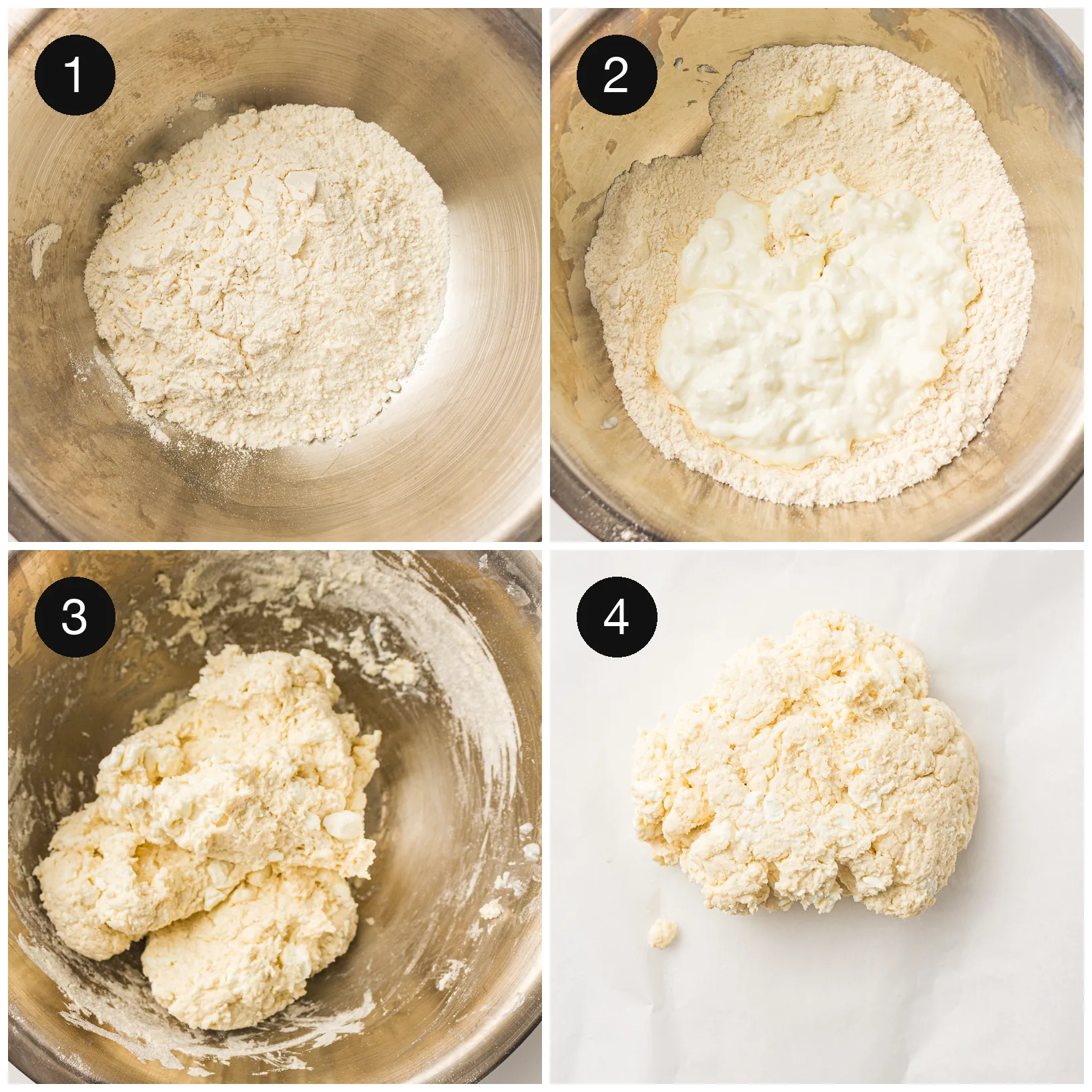 Soft shaggy dough mixed in a glass bowl