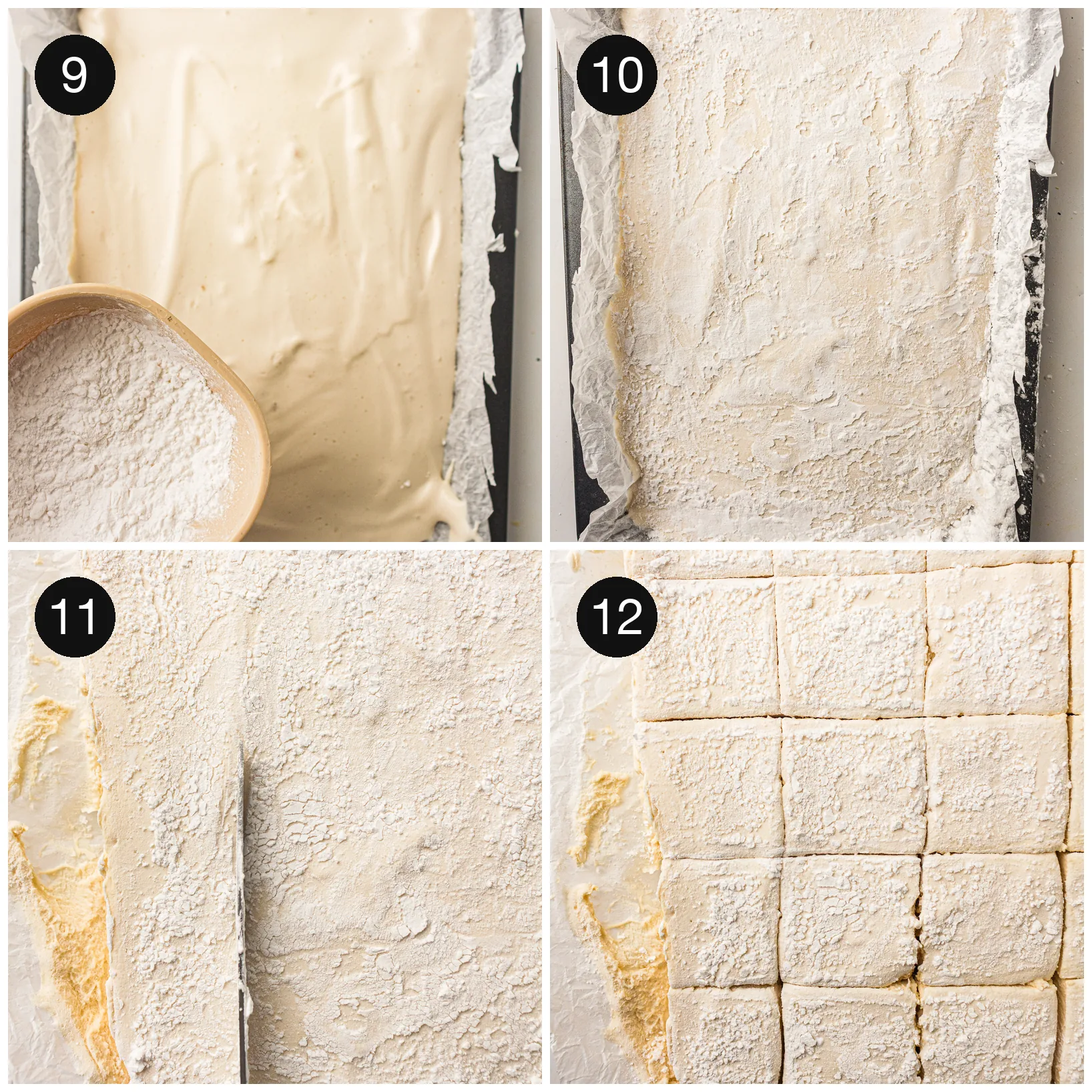 Cutting the set slab into soft, fluffy squares