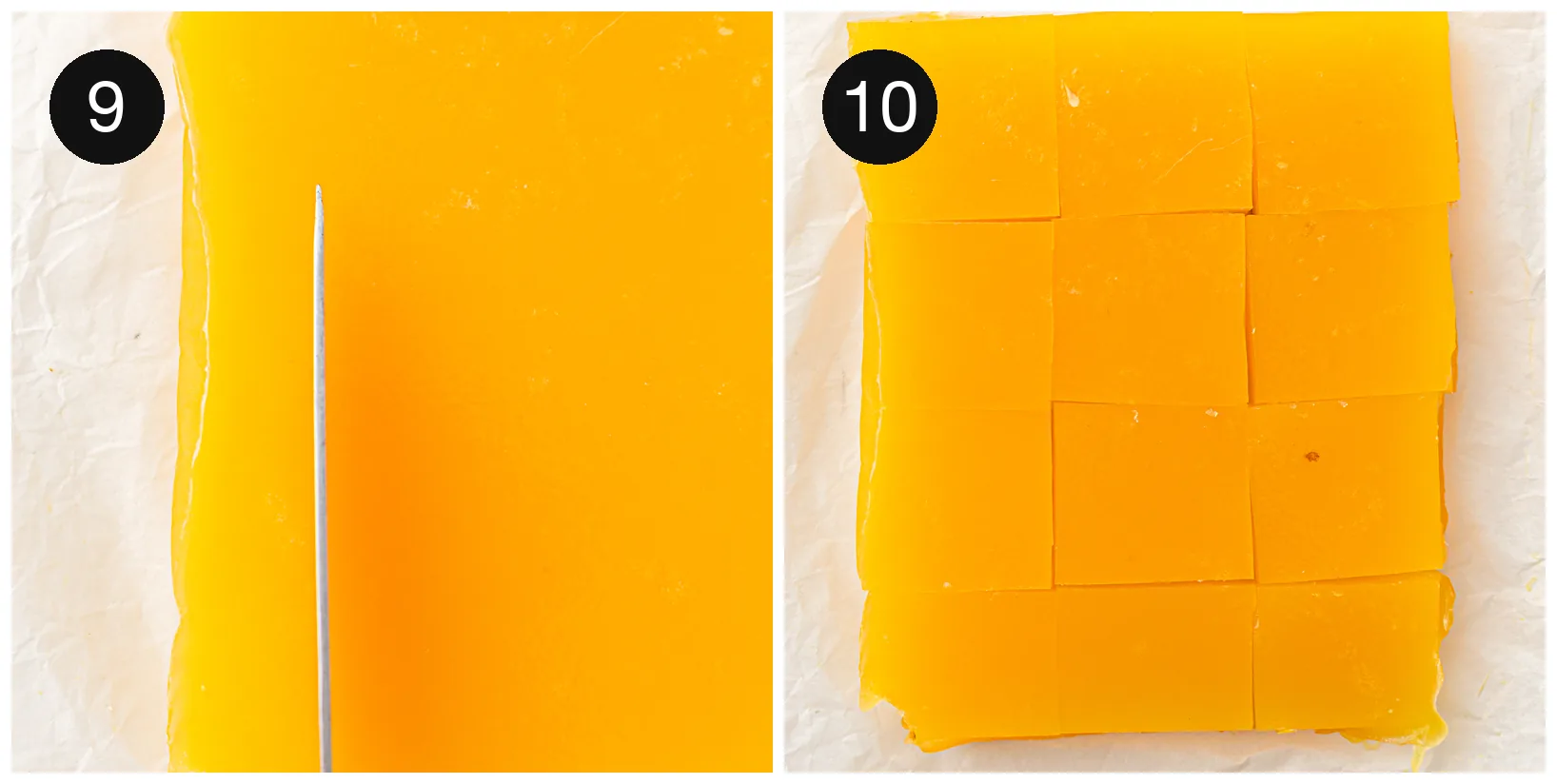 Cutting the set orange jelly into small squares