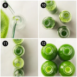 Pouring the finished green juice recipe into glass bottles