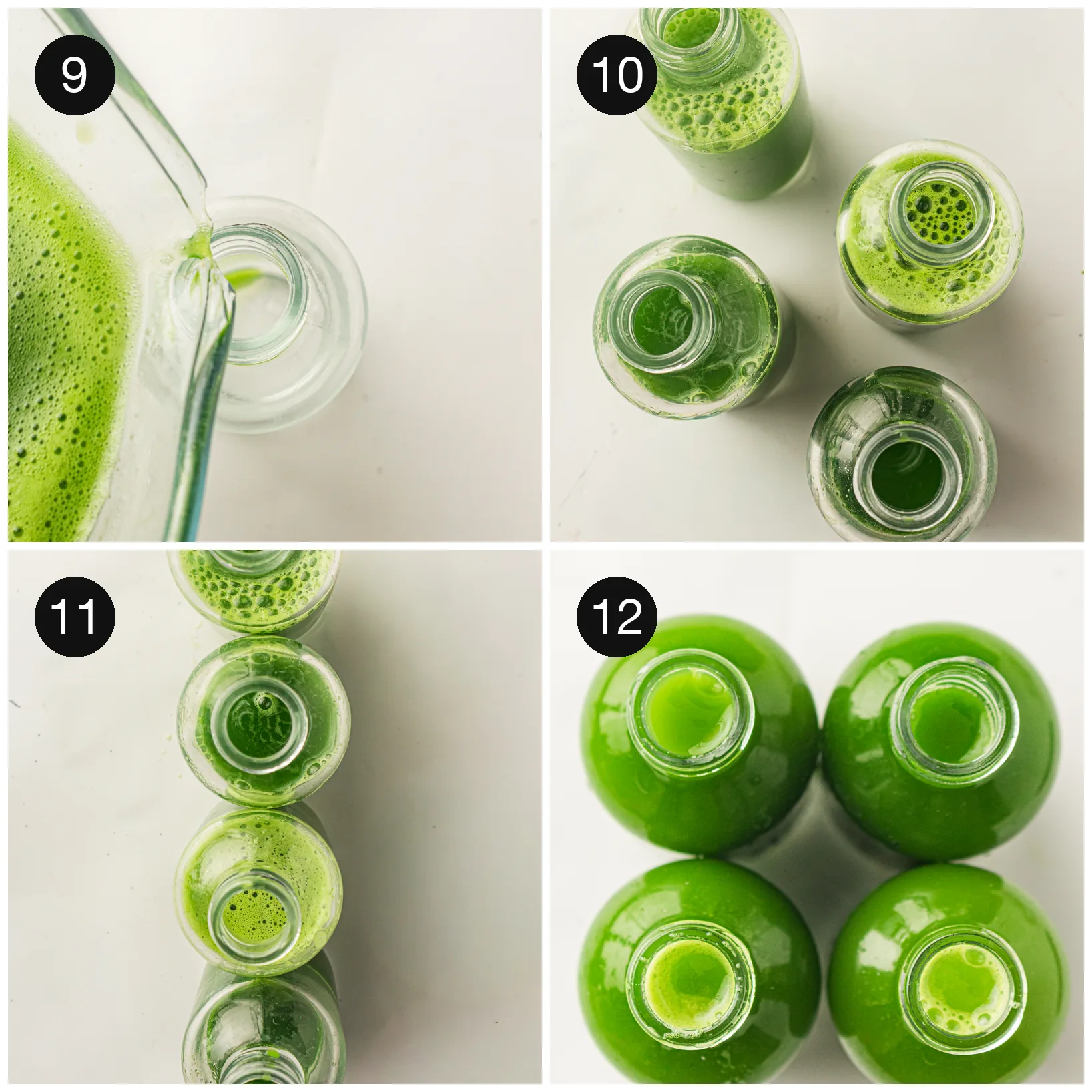 Pouring the finished green juice recipe into glass bottles