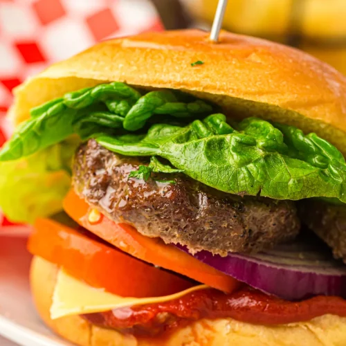 A juicy grilled burger with lettuce, tomato, onion, and cheese on a bun