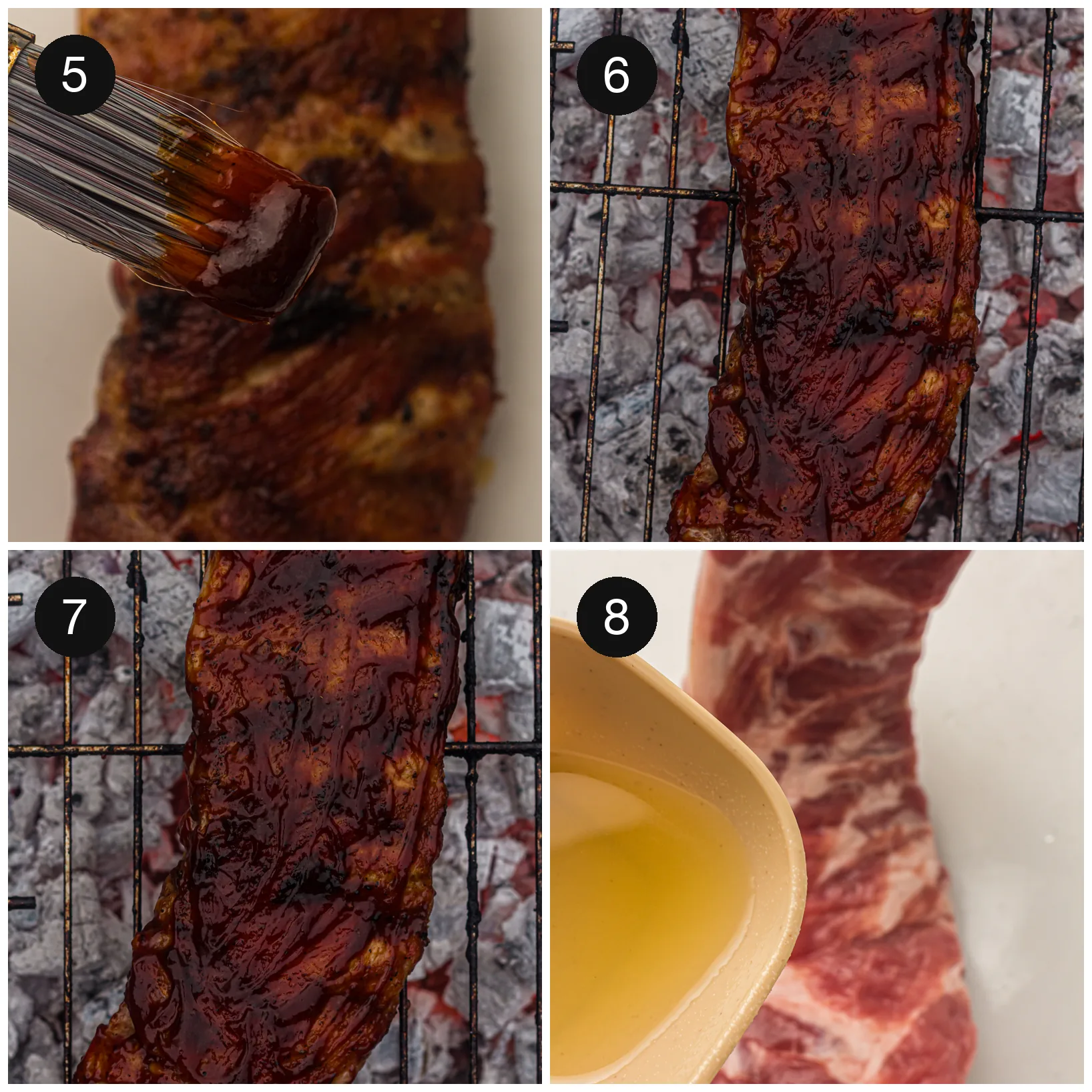 Brushing barbecue sauce onto the rack and the finished glazed meat over the coals