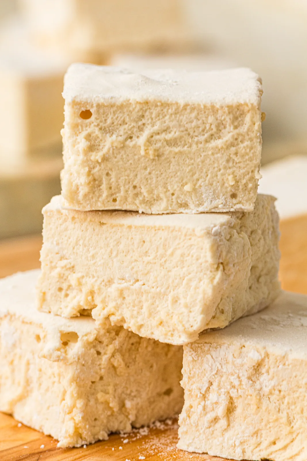 A stack of fluffy healthy marshmallows dusted with arrowroot