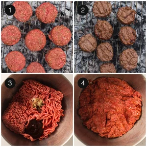 Burger patties cooking on a charcoal grill and the seasoned beef mixture in a bowl