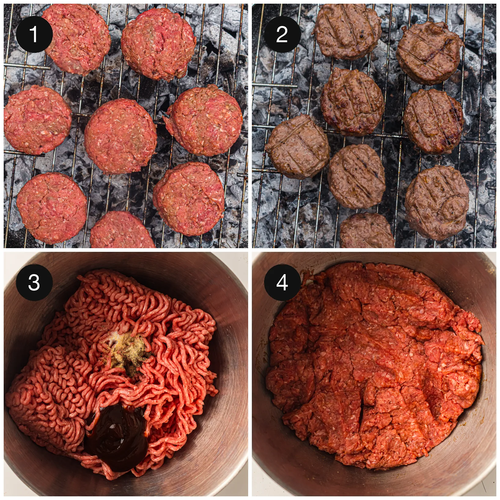 Patties cooking over the coals and the seasoned beef mixture in a bowl