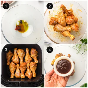Mixing the spice marinade and coating raw drumsticks before air frying