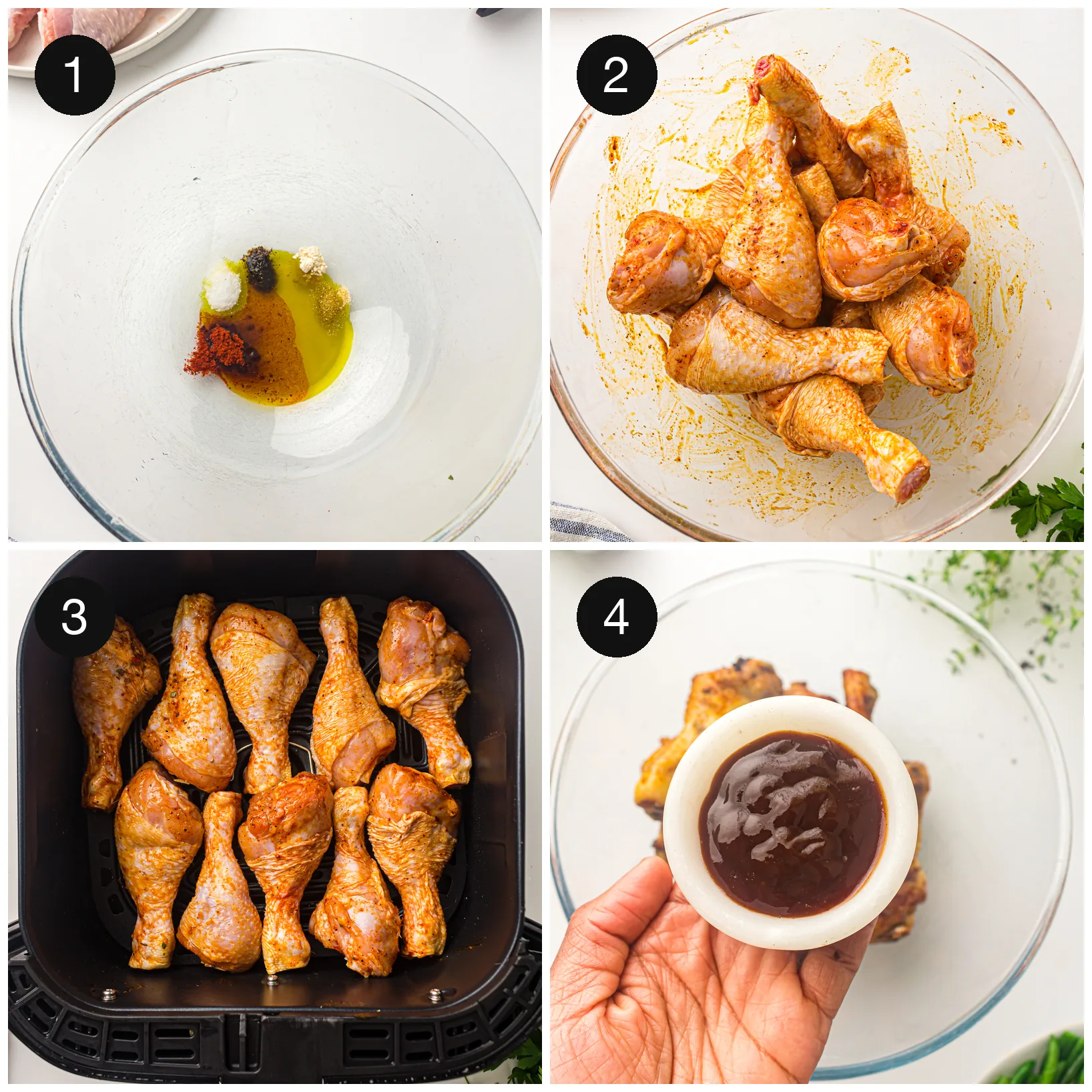 Mixing the spice marinade and coating raw drumsticks before cooking