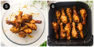 Tossing cooked drumsticks in BBQ sauce and returning them to the air fryer basket