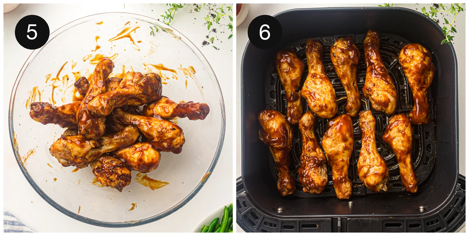 Tossing cooked drumsticks in sticky sauce and returning them to the basket