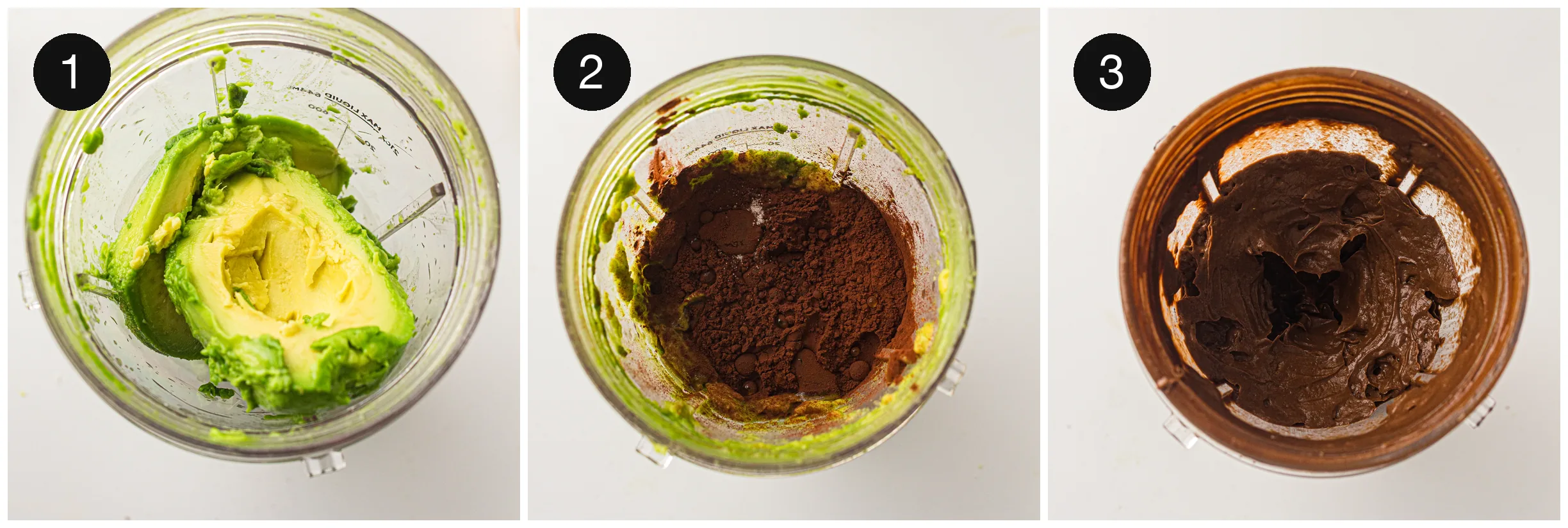 Blending ripe green fruit with cocoa powder and maple syrup until smooth