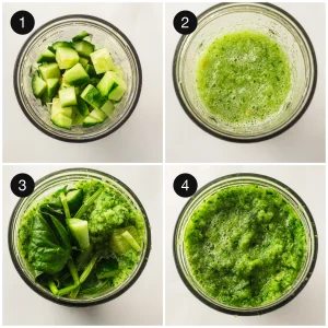 Blending spinach, cucumber, and green apple into green juice in a blender