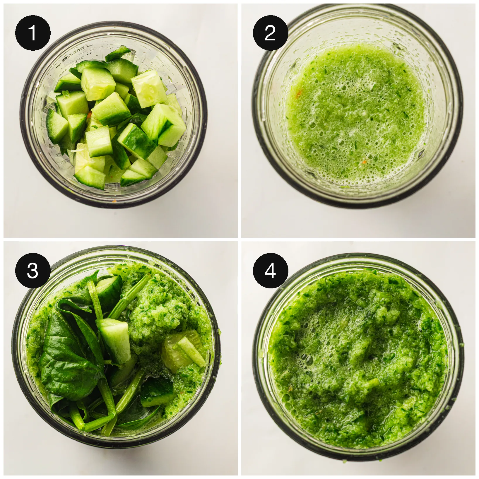 Blending spinach, cucumber, and apple in a blender
