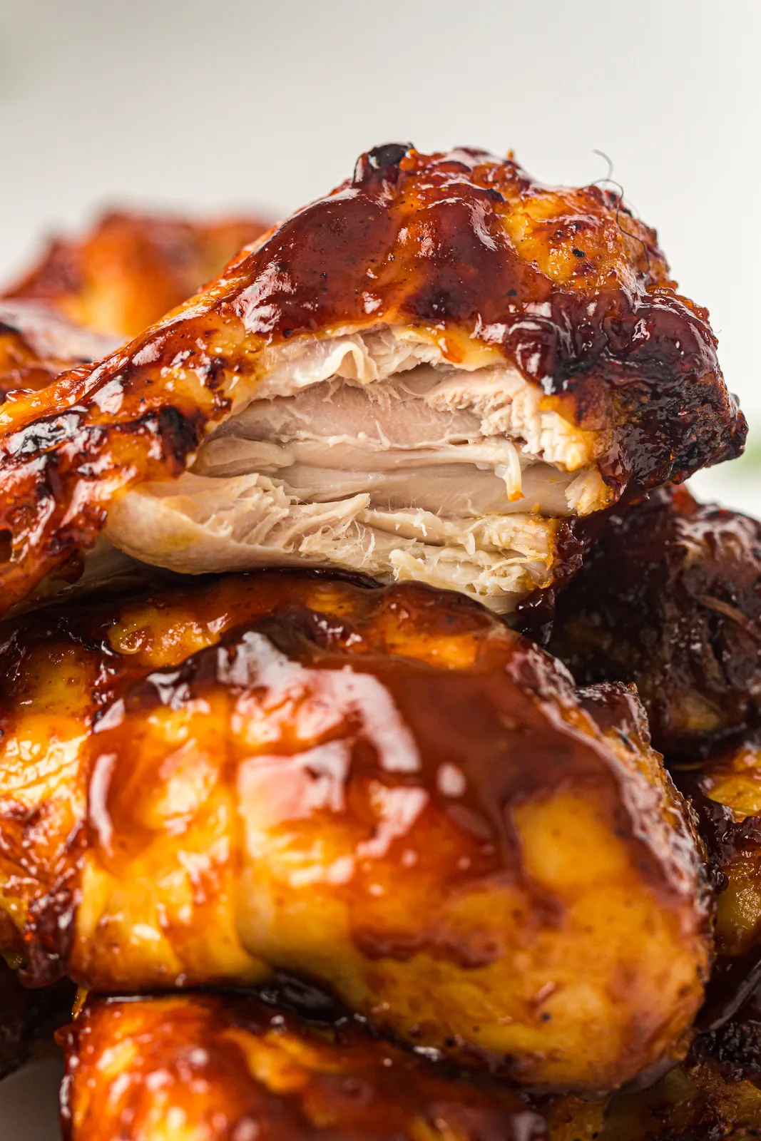 Juicy interior of a cooked drumstick showing tender white meat