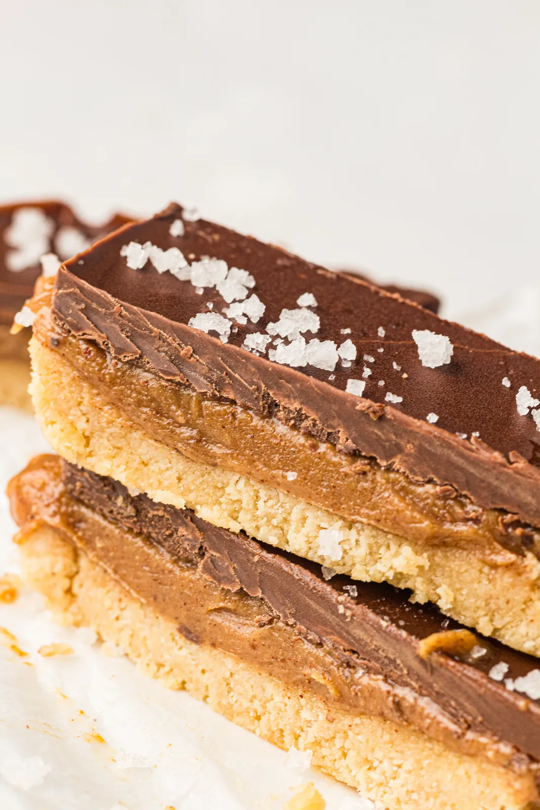 Close up of the three fudgy layers in a single slice