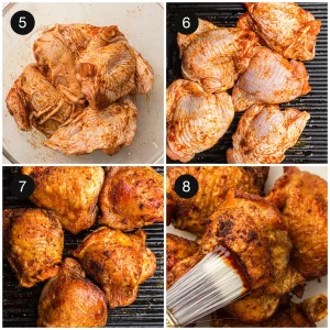 Seasoned dark meat cooking on the grill grate then brushed with sauce