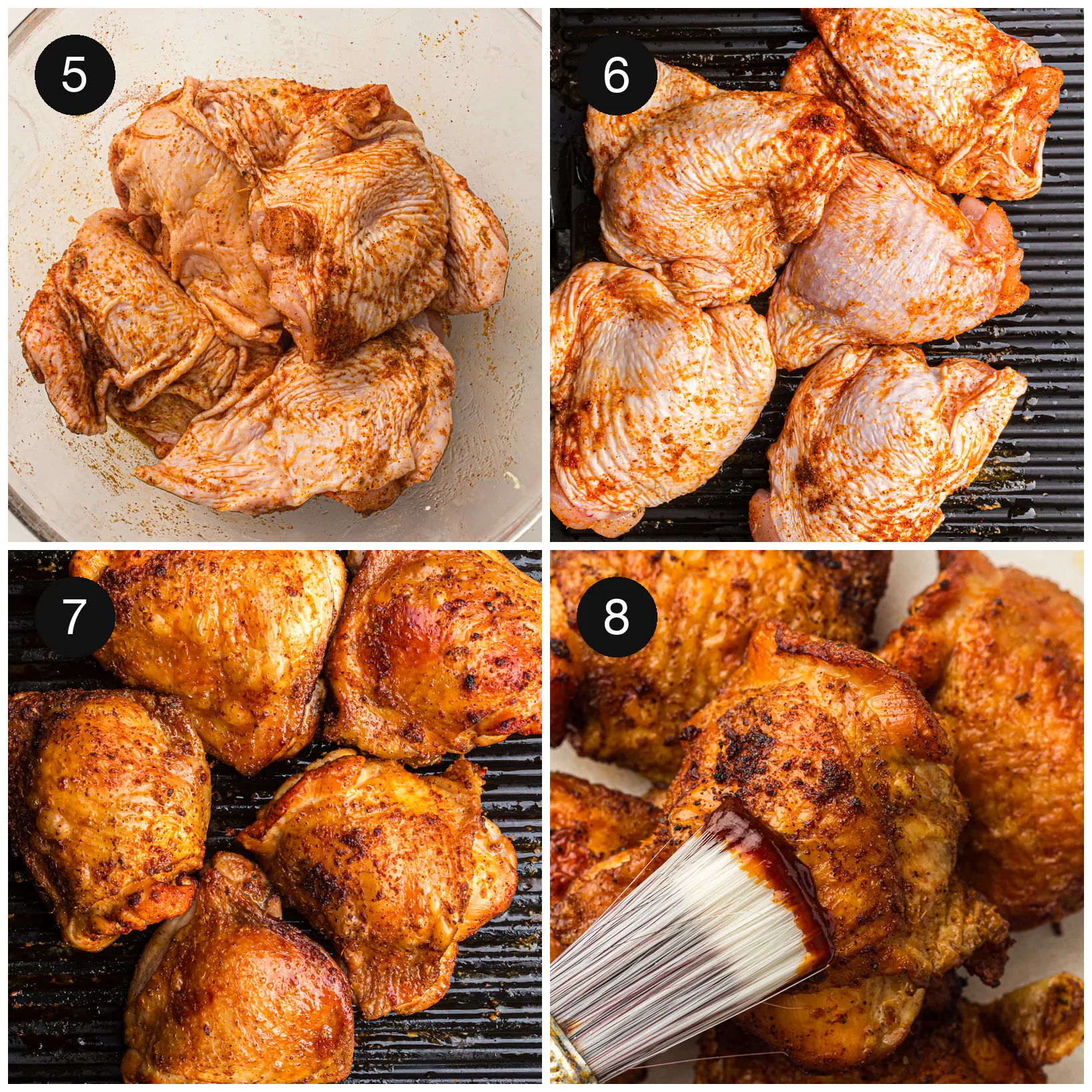 Seasoned dark meat cooking on the grill grate and then brushed with sauce