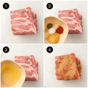 Rubbing a rack of pork with oil and a brown sugar spice blend