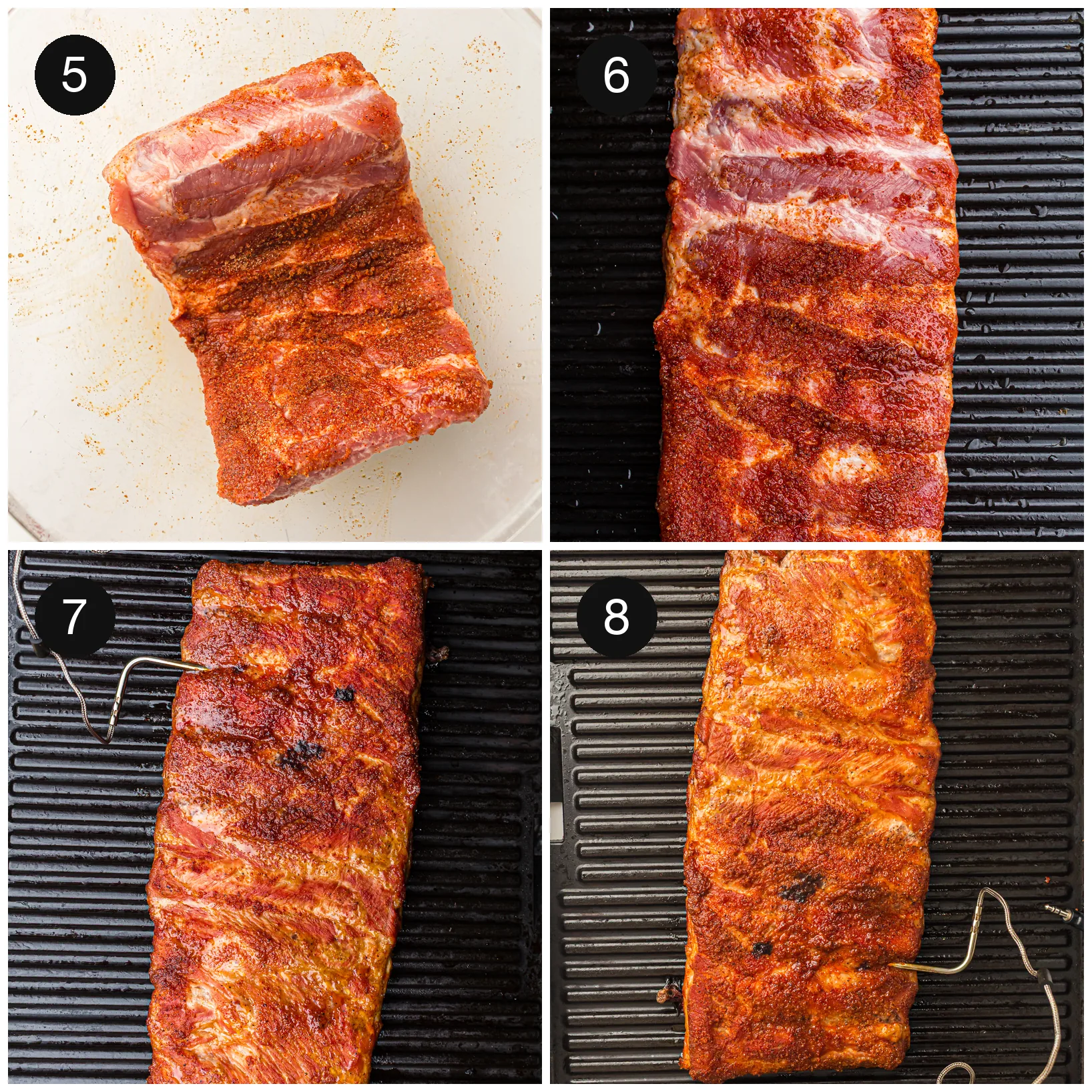 Seasoned pork cooking bone-side down on the grill plates