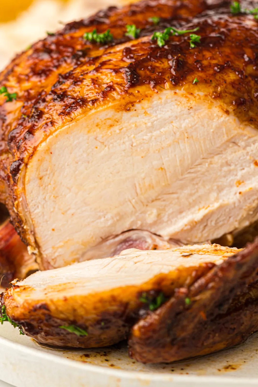 Juicy sliced breast meat on a plate