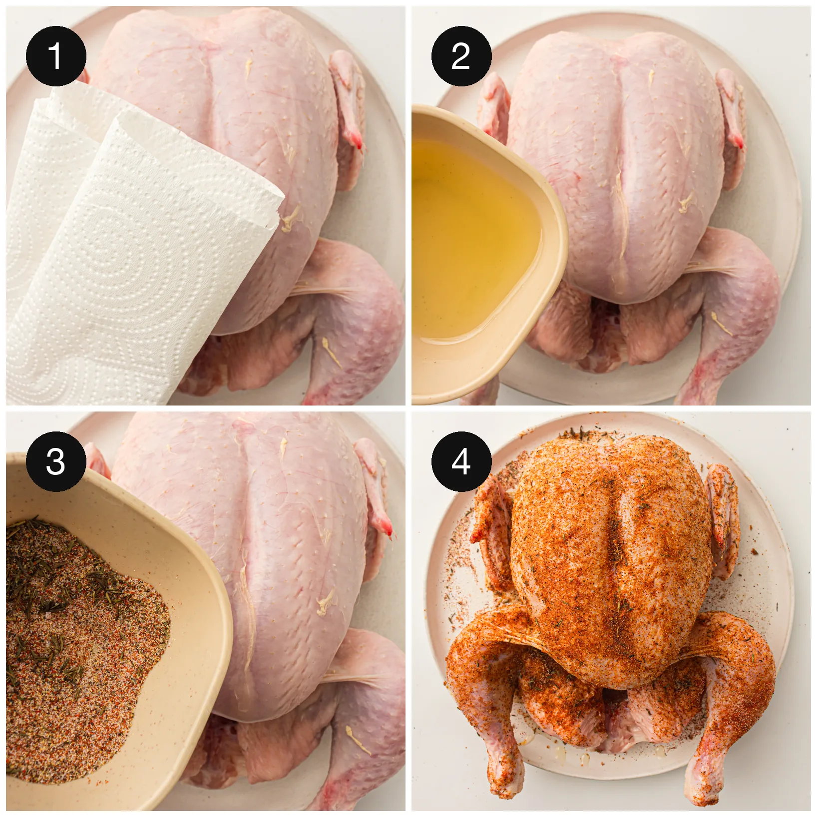 Seasoning a raw bird all over with a paprika spice rub