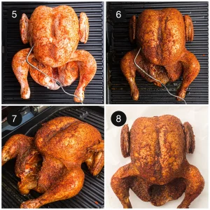 The seasoned bird cooking breast-up on the grill plates