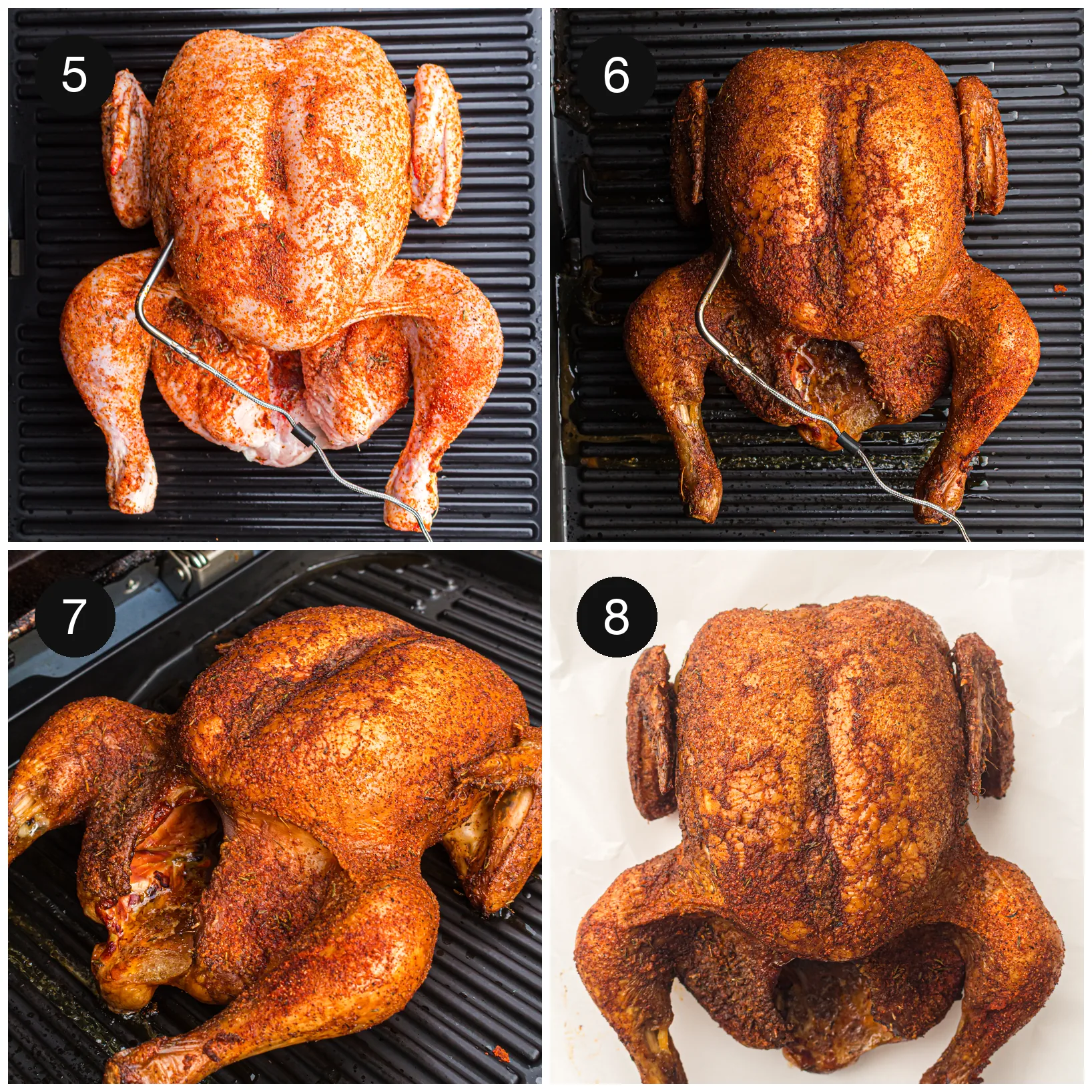 The seasoned bird cooking breast-up on the grill plates