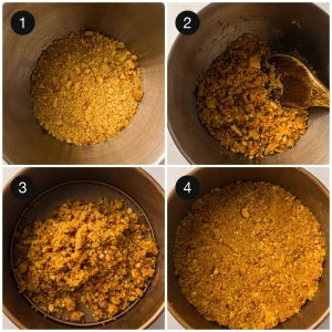 Pressing a buttery graham crumb crust into a springform pan